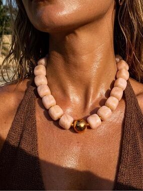 Gold Accent Pink Bead Statement Necklace